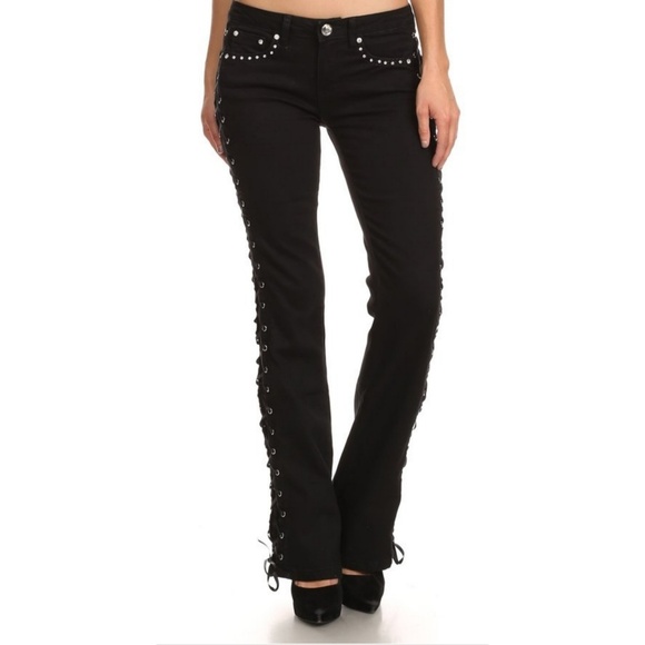 Lace Up Rhinestone Sexy Black Biker Jeans - Picture 8 of 8